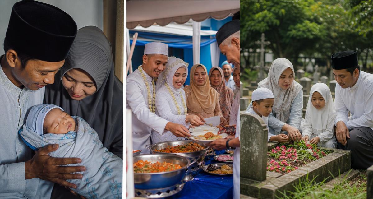 Islamic family moments: newborn, wedding celebration and visiting a grave